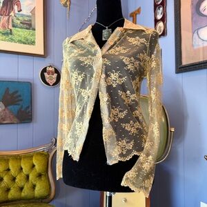 Vintage Y2K Luna Chix Sheer Floral Lace Button Up Fairy Whimsigoth Top Size S
